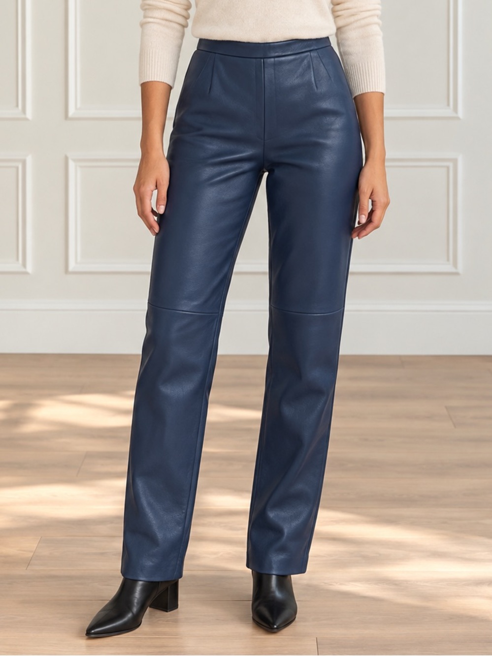 Vintage Terry Lewis Leather Pants Women 6 Indigo Blue High Rise Straight Leg